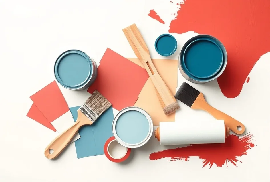 Pots de peinture, nuancier, brosses et rouleaux disposés à plat
