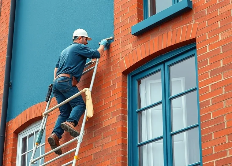Peintre sur échafaudage traitant la façade d'une maison
